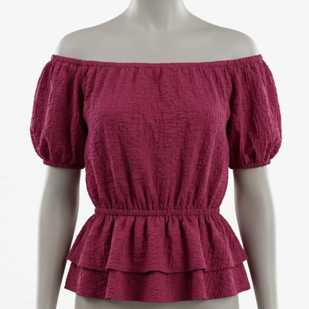 Free People Magenta Pink Off The Shoulder Peplum Blouse Smocked Textured Top‎ M